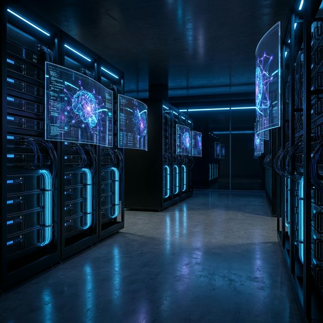 A futuristic AI research laboratory with glowing neural network visualizations on transparent screens, advanced servers, and blue ambient lighting, high-tech, no people