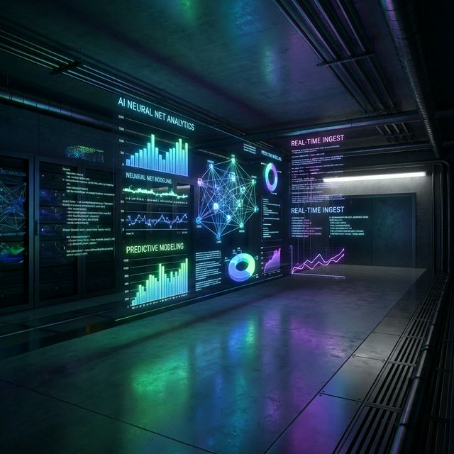 An advanced data analytics dashboard with holographic charts and AI-driven insights floating in a dark tech environment, futuristic, no people