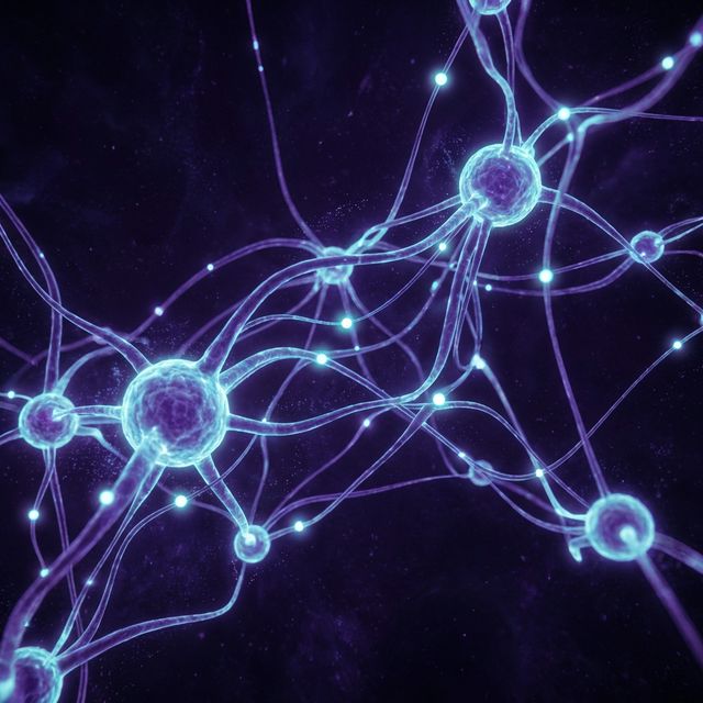 A detailed visualization of a 3D neural network with glowing nodes and energy connections on a dark background, digital art, no people