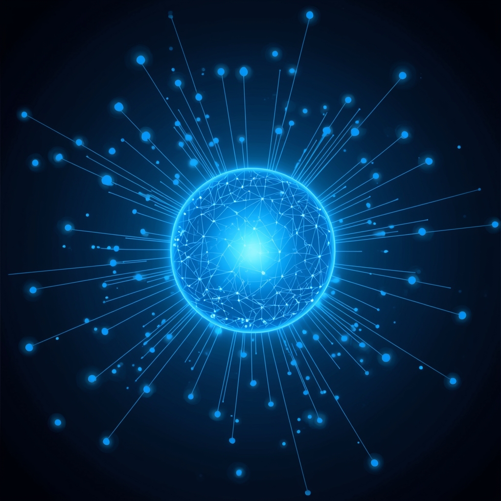 holographic artificial intelligence network nodes global connections dark background no human