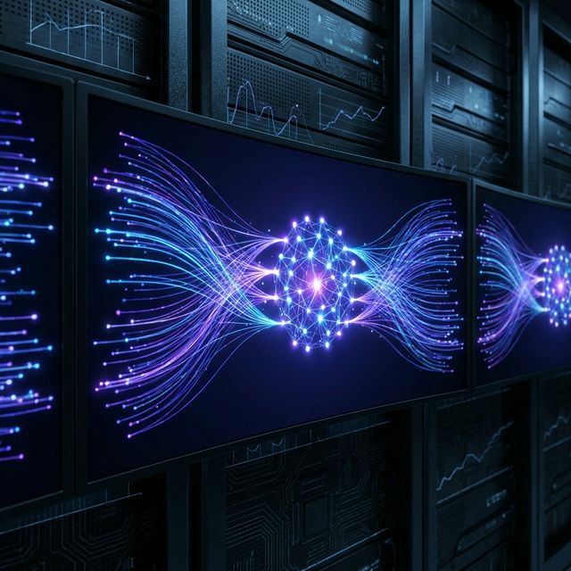 Illustration of machine learning algorithms processing vast datasets on glowing digital screens with graph patterns, dark tech aesthetic, no people